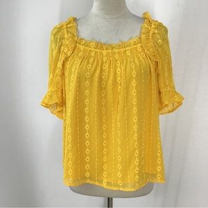 Cece Sunflower Yellow Peasant Embroidered Eyelet Ruffle Blouse Large